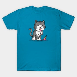 Cute Cat Eating Ice Cream Cone Cartoon Vector Icon Illustration T-Shirt
